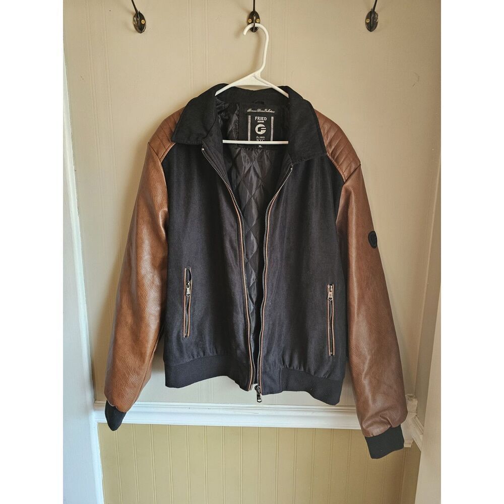 Fried Denim NYC Bomber Jacket Black Brown Faux Leather Collar Mens Size‎ XL